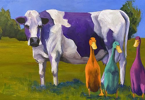 Tableau représentant une vache et des canards colorés