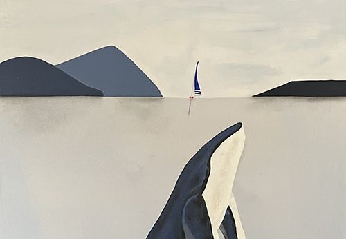 Tableau représentant une baleine et un voilier