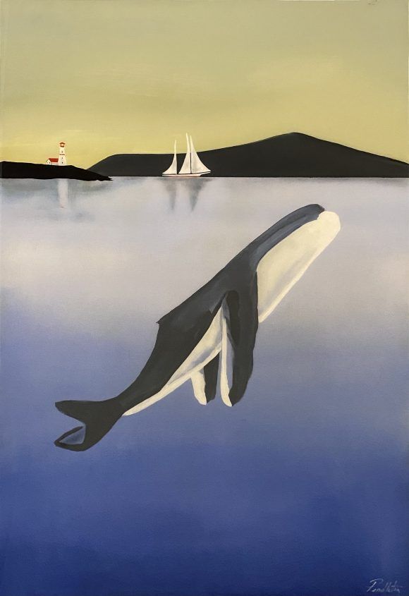 Tableau représentant une baleine sous l'eau, un voilier et des montagnes