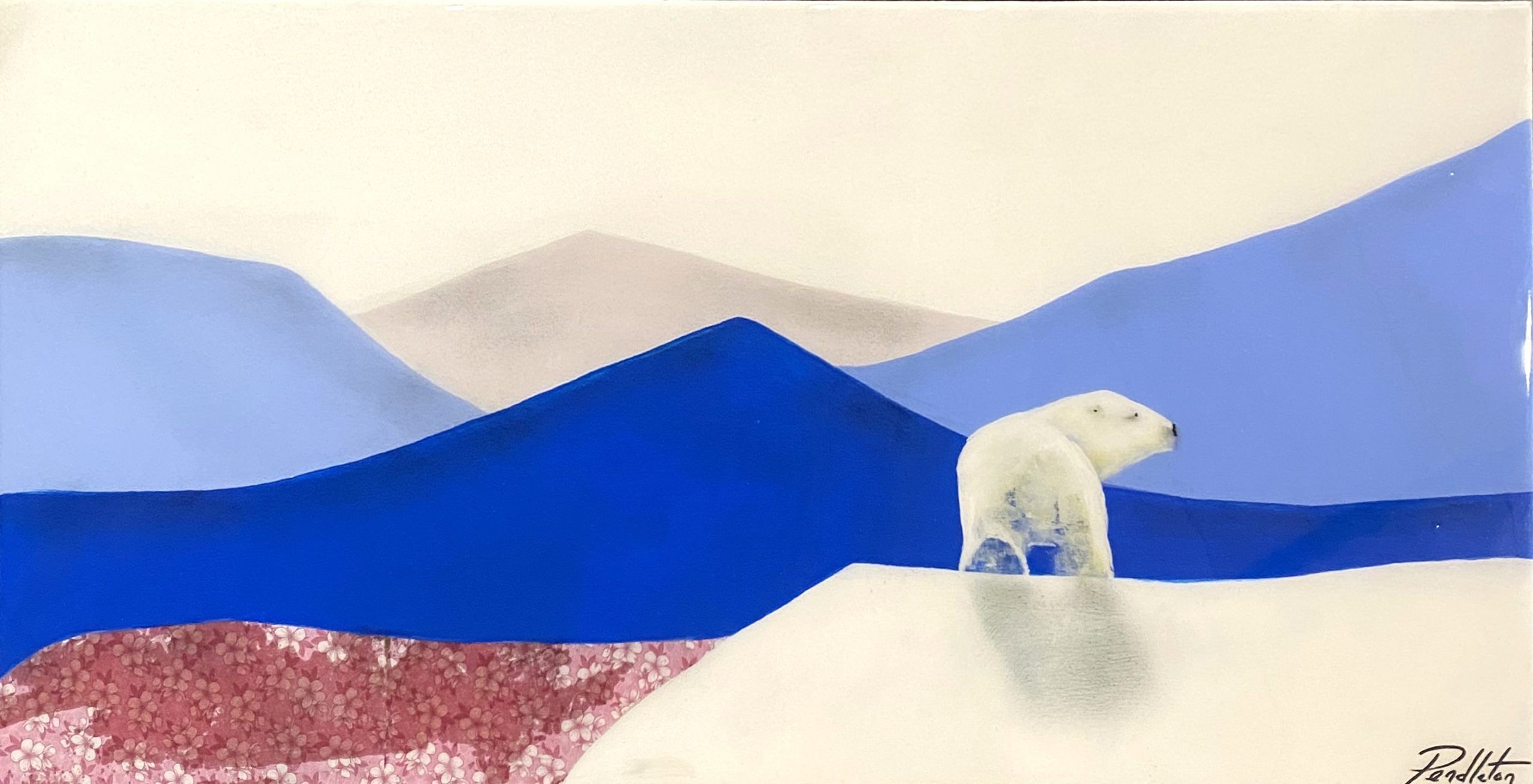 Tableau représentant un ours devant des montagnes bleues