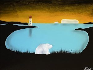 Tableau représentant un paysage avec un ours, un phare et un iceberg