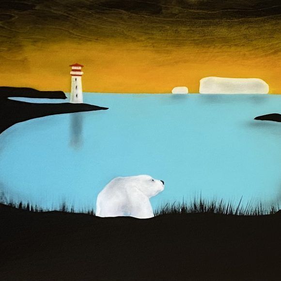 Tableau représentant un paysage avec un ours, un phare et un glacie