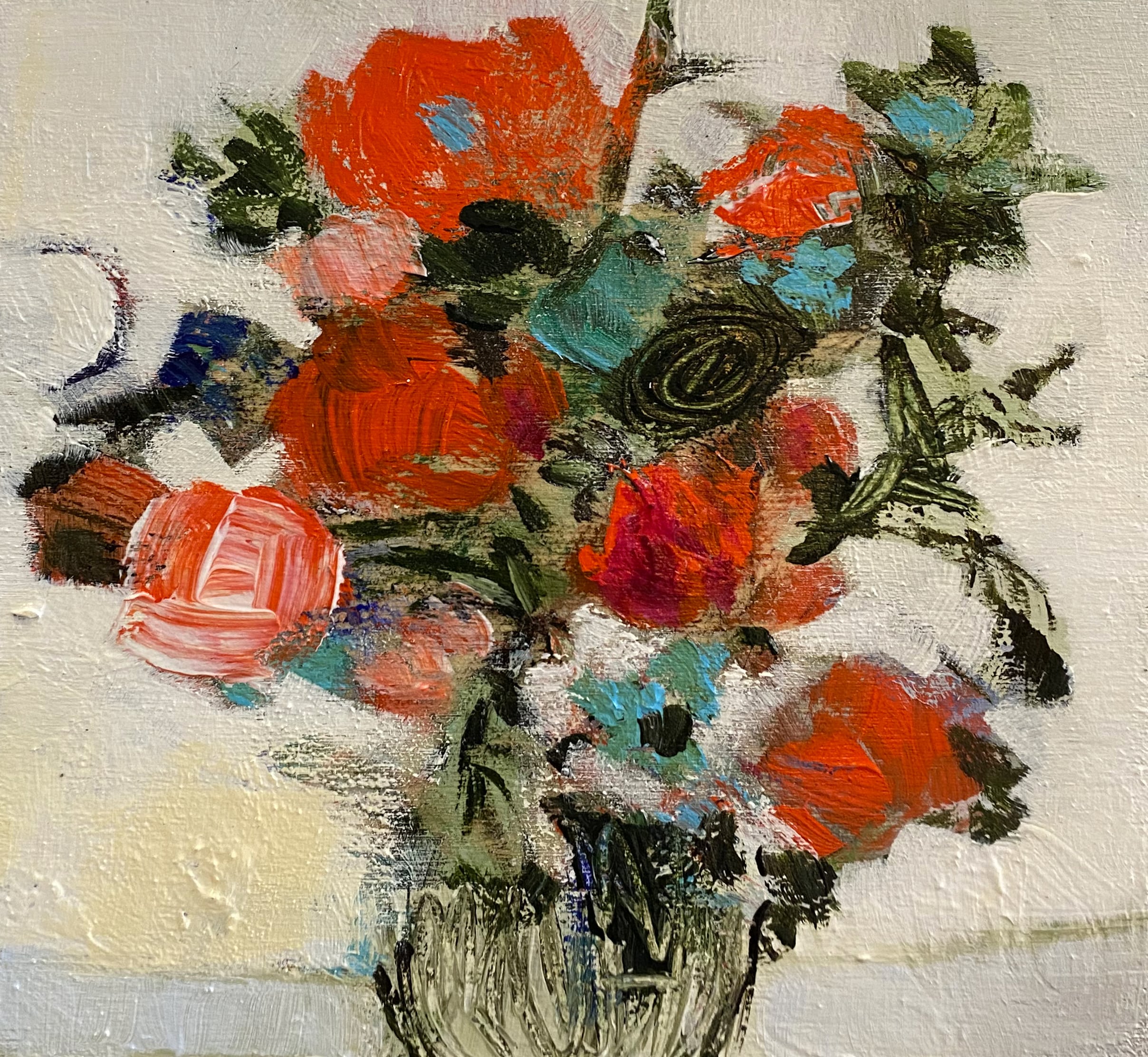Tableau d'un bouquet de fleurs rouges et bleues