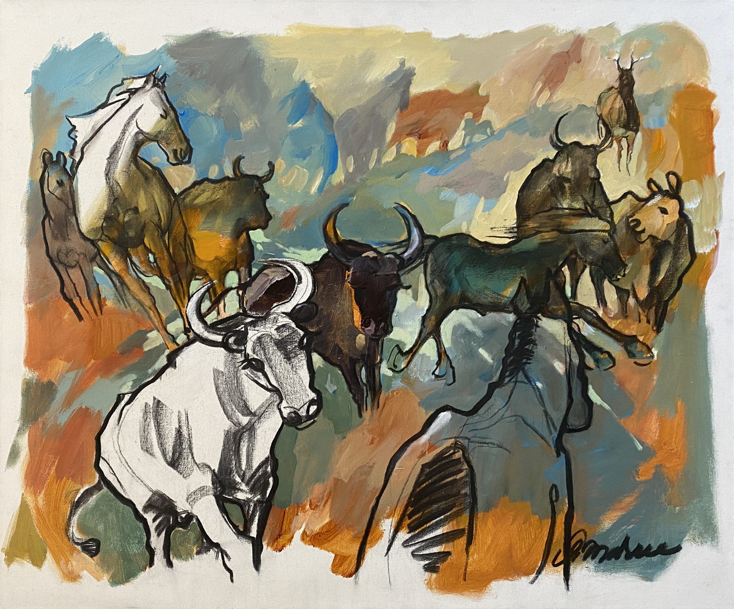 Tableau représentant des taureaux et des chevaux