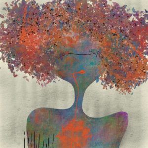 Tableau semi-abstrait d'une femme avec des feuilles à la place des cheveux