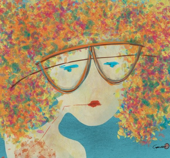 Tableau d'un visage de femme à lunettes avec des fleurs à la place des cheveux