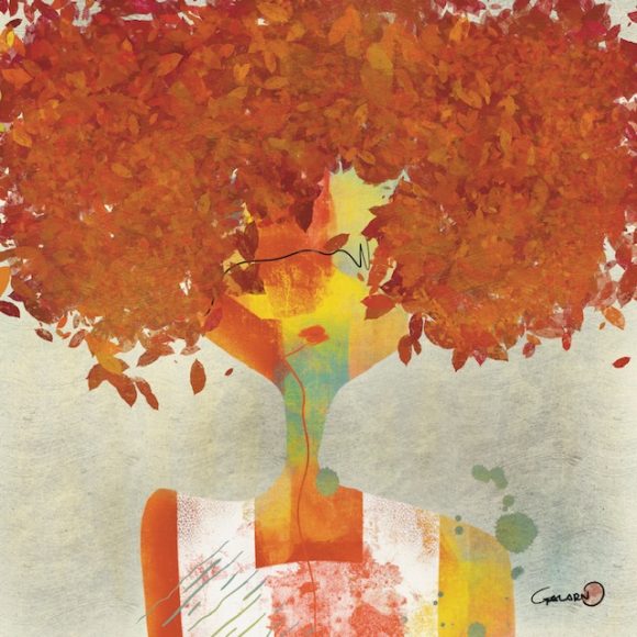 Tableau semi abstrait représentant une femme avec des feuilles d'arbre orangées à la place des cheveux