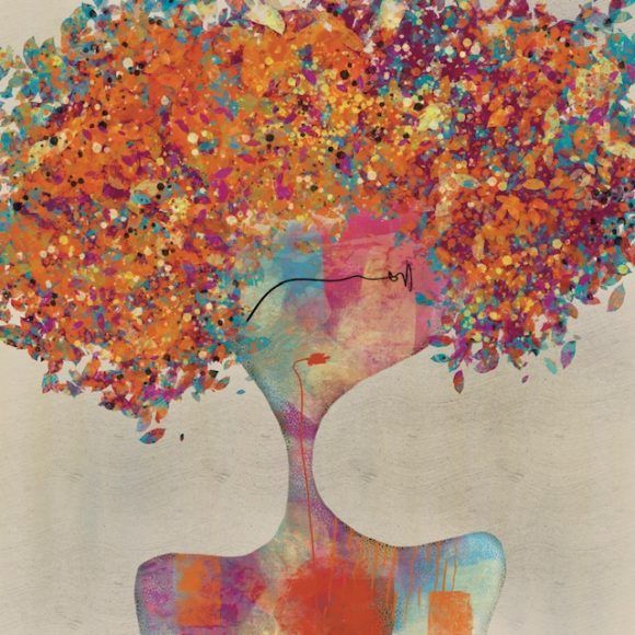 Tableau semi-abstrait d'une femme avec des feuilles à la place des cheveux