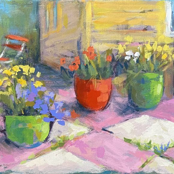 Tableau représentant une terrasse et des pots de fleurs