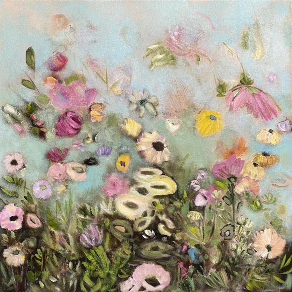 Tableau représentant des fleurs sur fond bleu