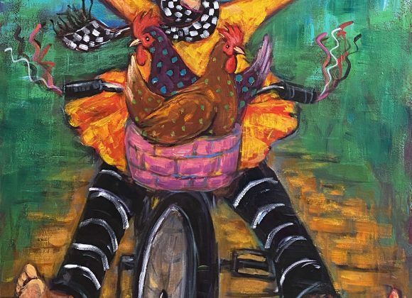 Tableau représentant un personnage à vélo avec des poules
