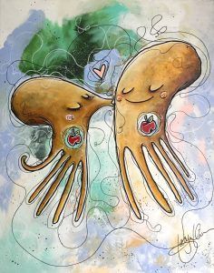 Peinture représentant deux pieuvres de style dessin animé s'embrassant