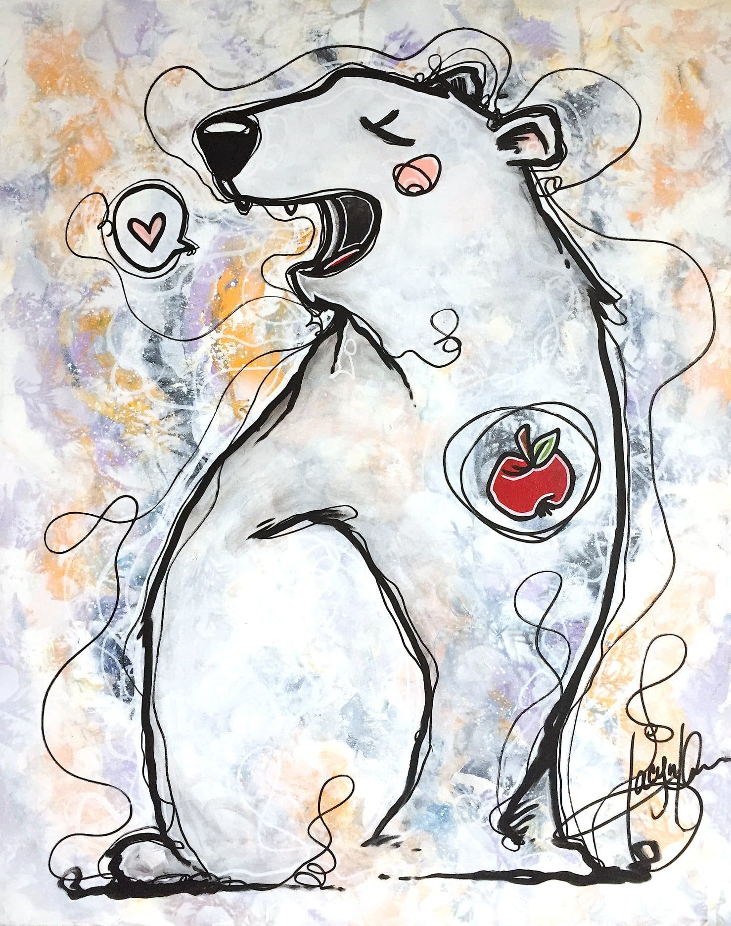 Tableau représentant un ours avec une pomme à la place du cœur