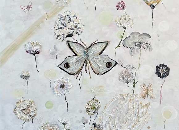 Tableau représentant un papillon et des fleurs