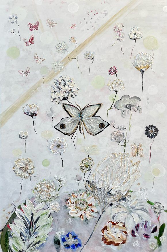 Tableau représentant un papillon et des fleurs
