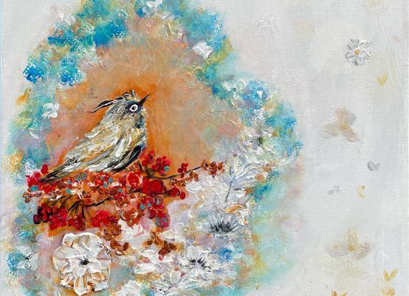 Tableau représentant un oiseau et des fleurs