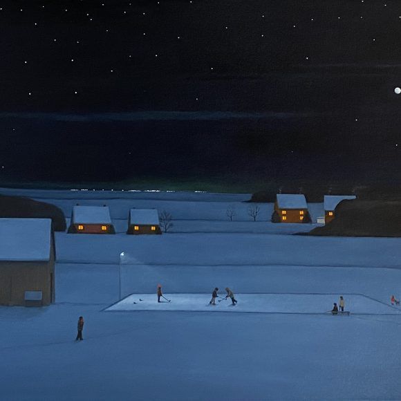 Tableau représentant un paysage hivernal la nuit