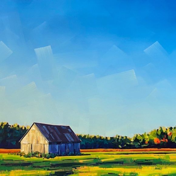 tableau représentant une grange devant un ciel bleu