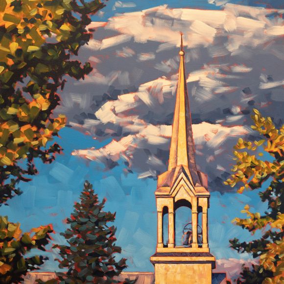 tableau représentant un clocher d'église devant un ciel bleu