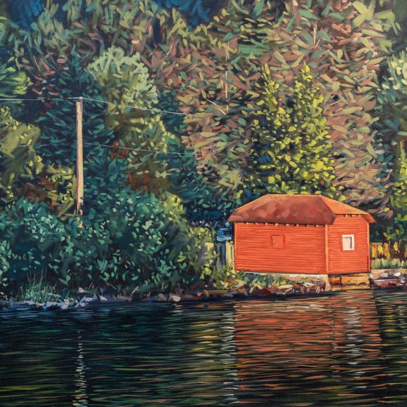peinture représentant un hangar à bateau près d'un lac