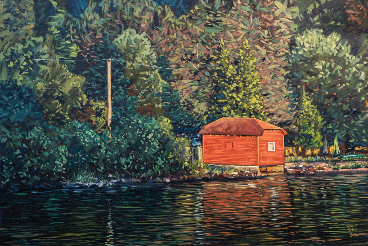 peinture représentant un hangar à bateau près d'un lac