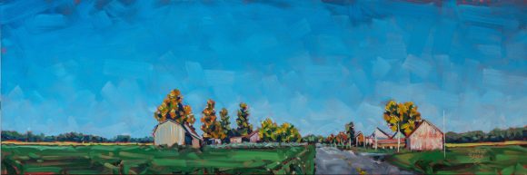 peinture à l'huile illustrant un paysage rural du Québec