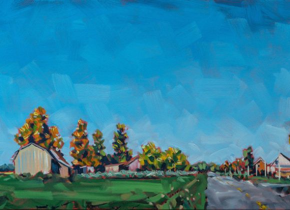 peinture à l'huile illustrant un paysage rural du Québec