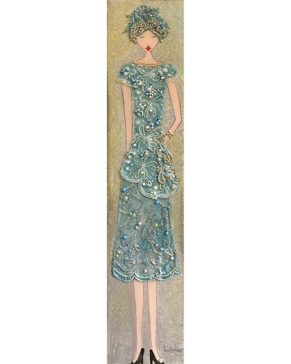œuvre d'art représentant une dame élégante avec des bijoux