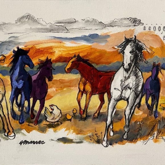 Tableau représentant des chevaux et des poussins