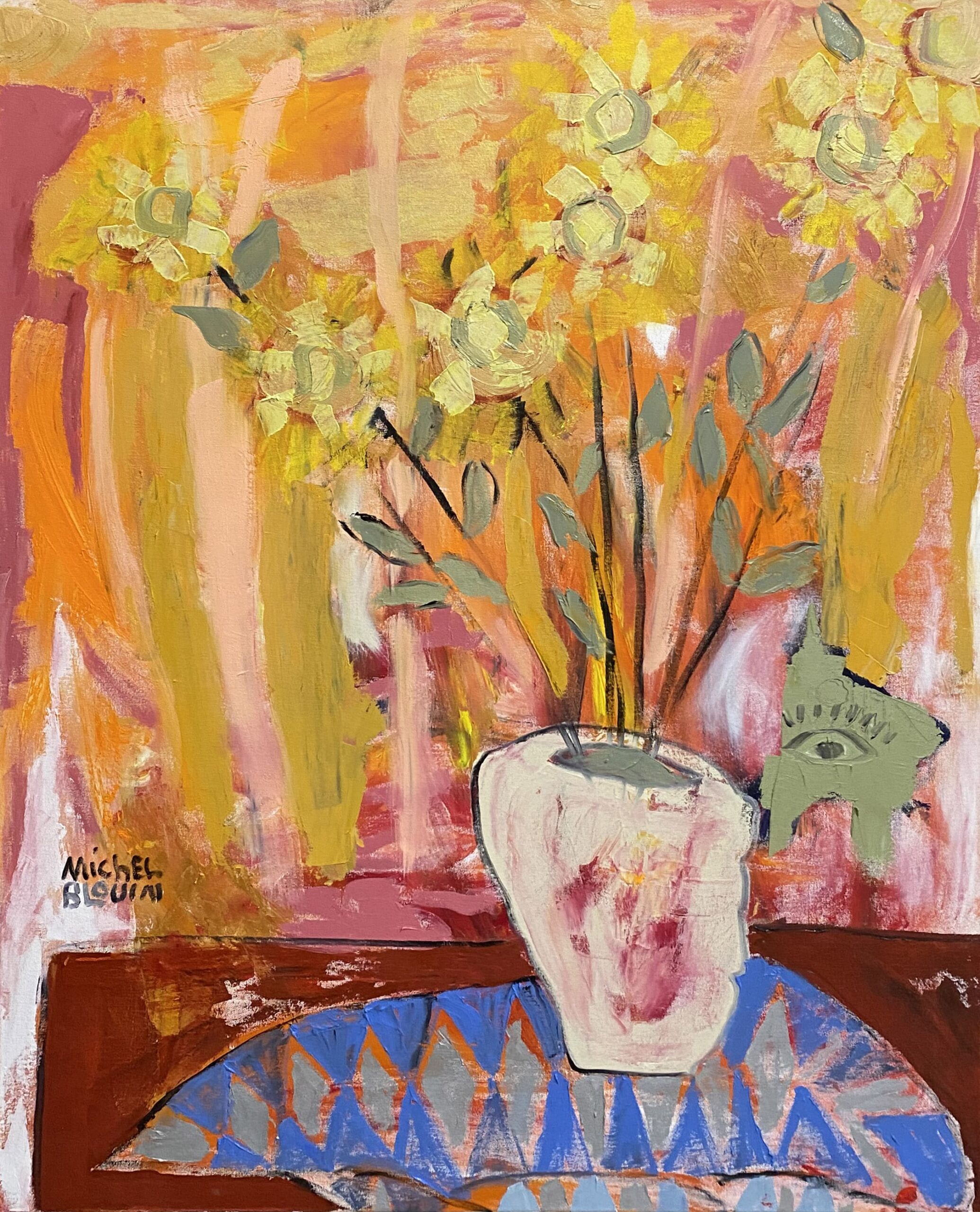 Tableau représentant un bouquet dans un vase sur fond orange