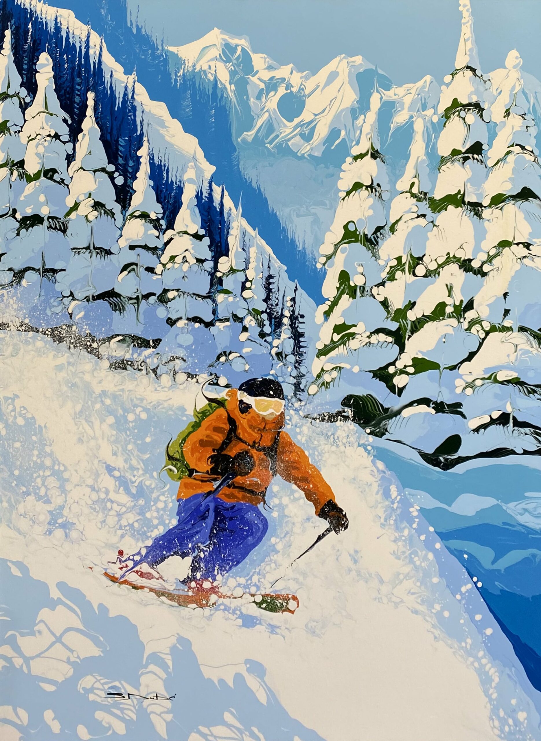 Tableau représentant un skieur descendant une montagne