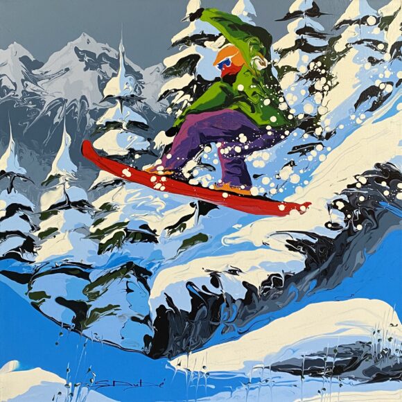 Tableau représentant un snowboarder devant des arbres enneigés