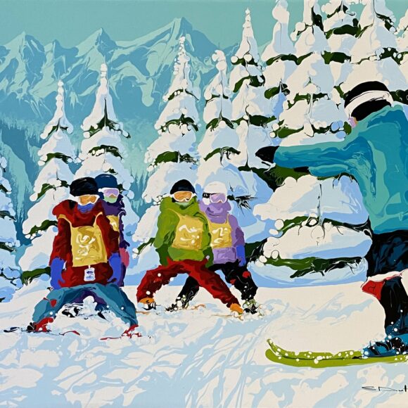 Tableau représentant un cours de ski devant des sapins enneigés