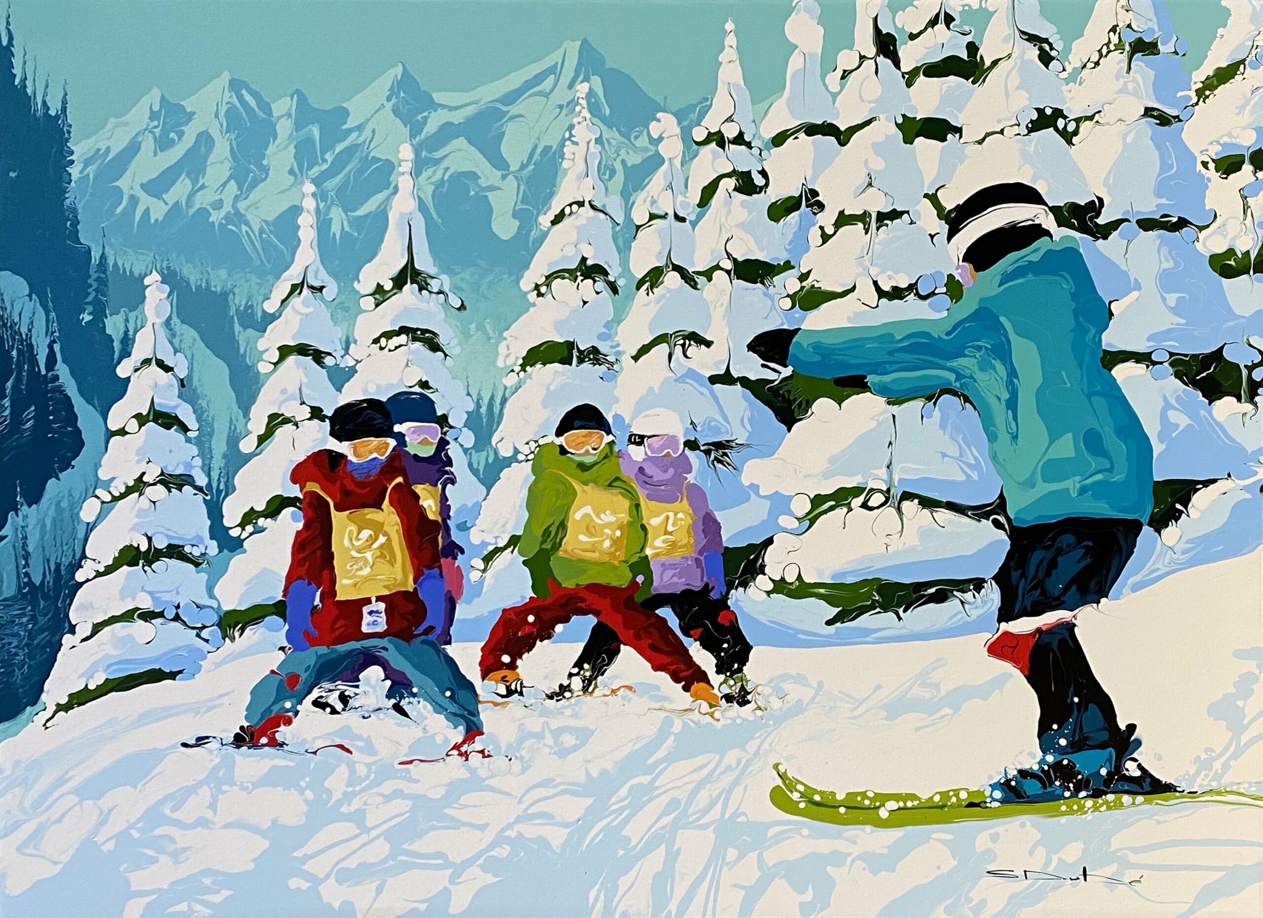 Tableau représentant un cours de ski devant des sapins enneigés