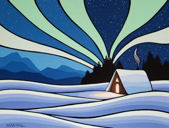 Tableau représentant une cabane dans un paysage hivernal