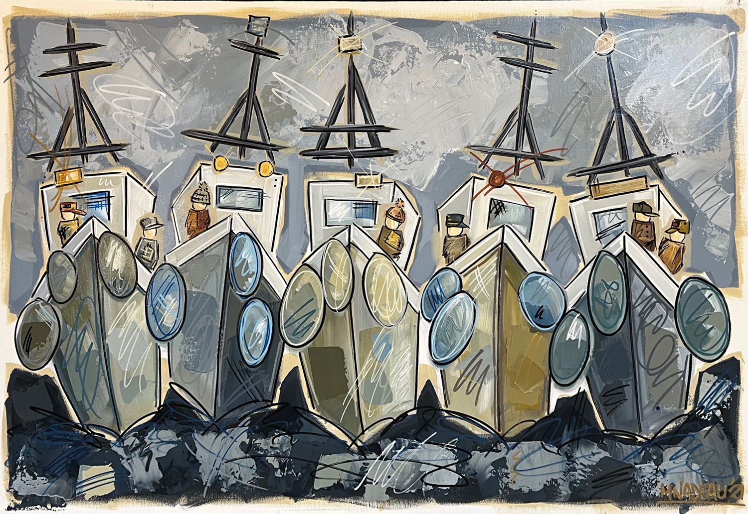Tableau représentant des bateaux dans les tons de bleu, gris et beige