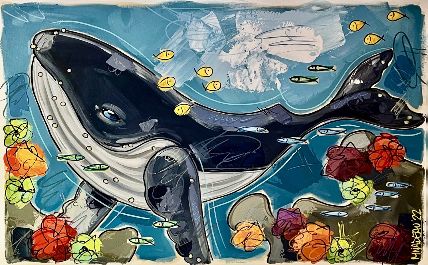 Tableau représentant une baleine et des poissons