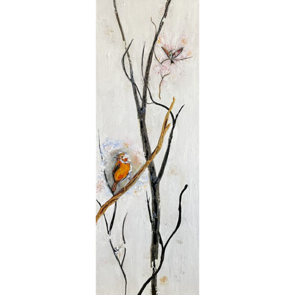 Tableau représentant un oiseau sur une branche sur fond blanc