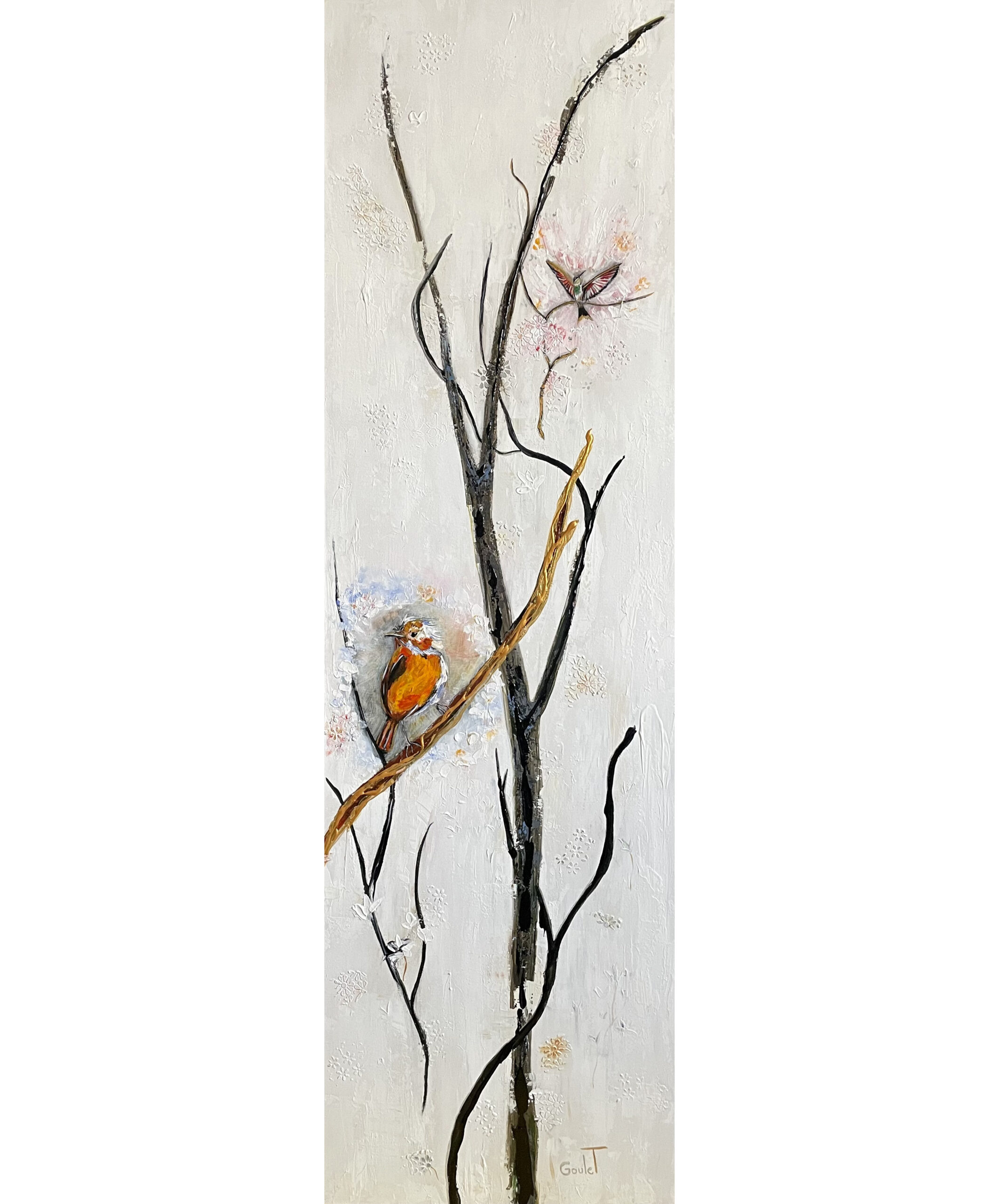 Tableau représentant un oiseau sur une branche sur fond blanc