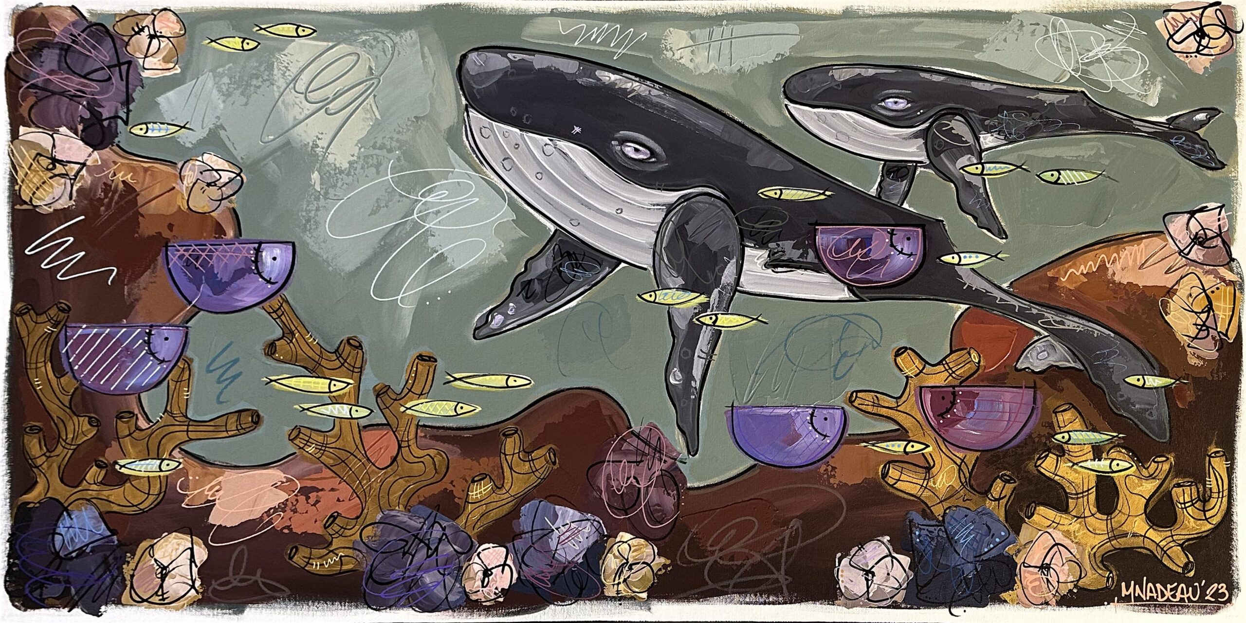 Tableau représentant deux baleines sous l'eau