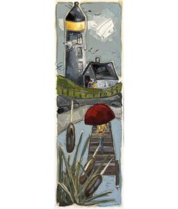 Tableau représentant un phare et un personnage sous un parapluie