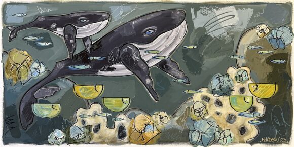 Tableau représentant deux baleines sous l'eau
