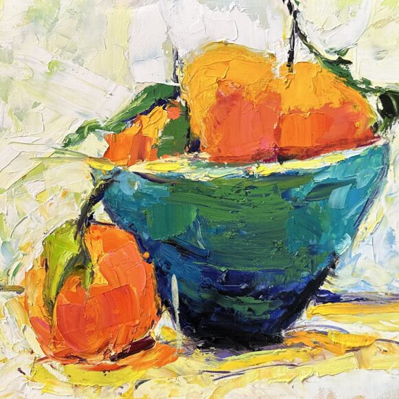 Tableau représentant des oranges dans un vase bleu