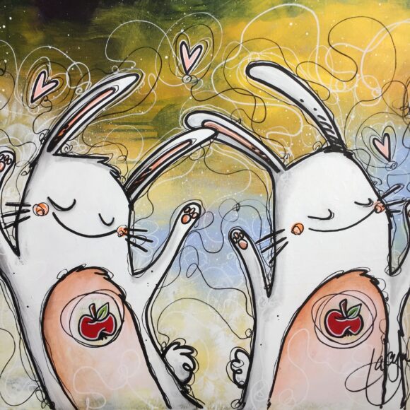 Tableau représentant deux lapins sur fond abstrait