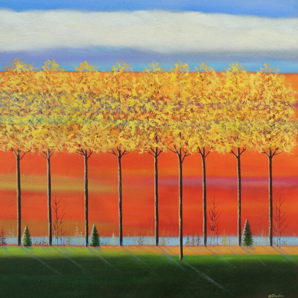 Tableau représentant une scène d'automne avec des arbres jaunes sur fond orange
