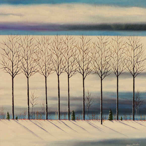 Tableau représentant une scène d'hiver avec des arbres bruns sur fond blanc