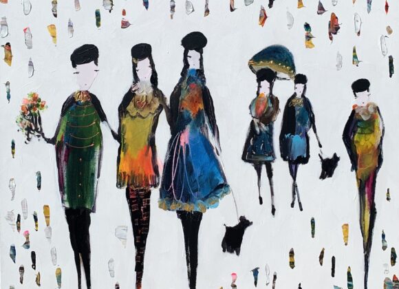 Tableau représentant des personnages sur un fond de taches de couleurs