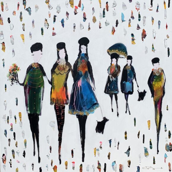 Tableau représentant des personnages sur un fond de taches de couleurs