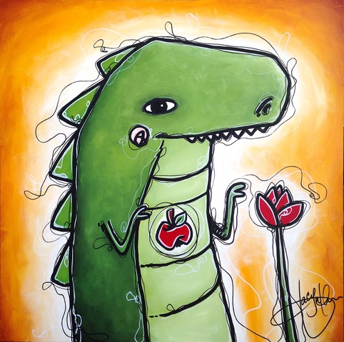 Tableau représentant un dinosaure et une fleur