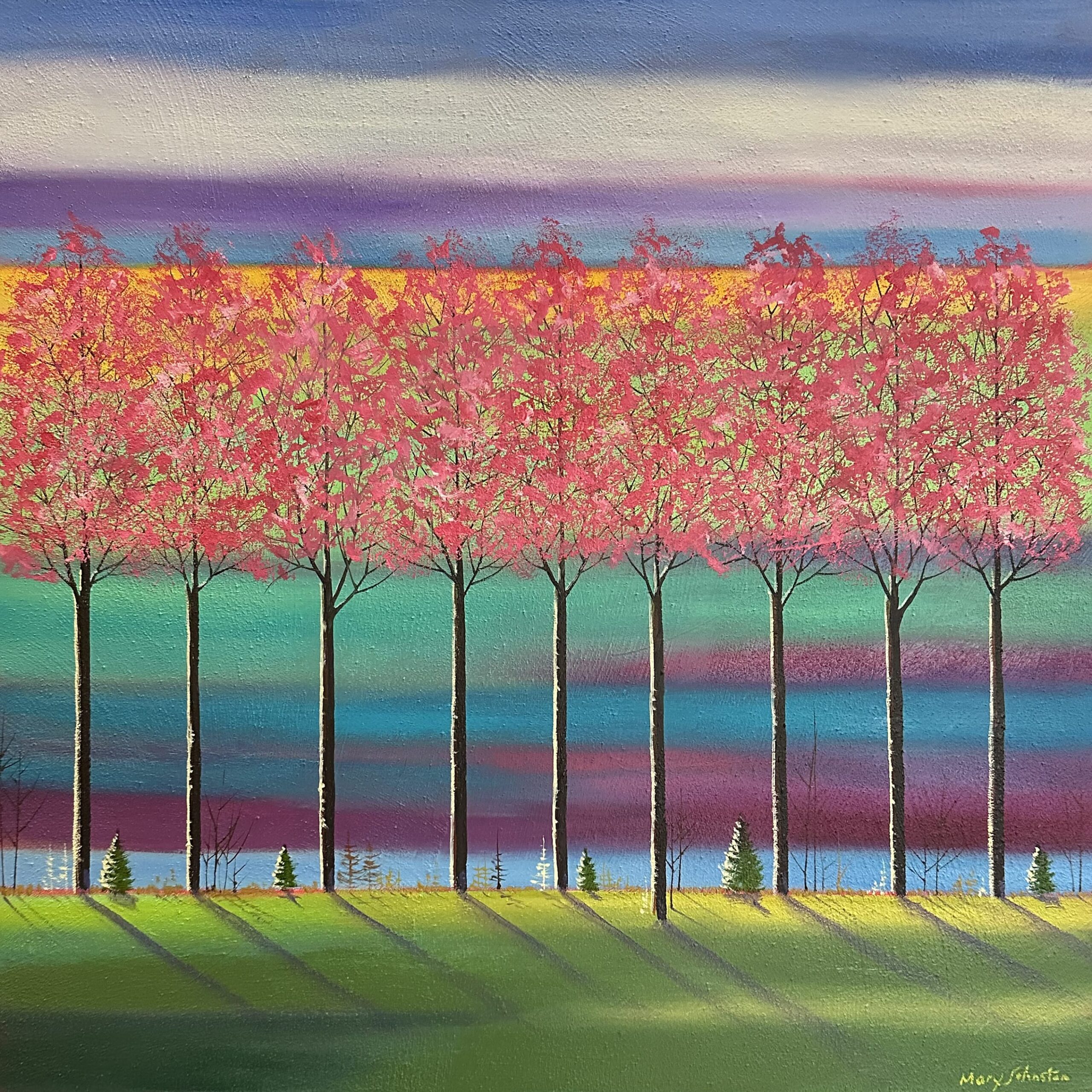 Tableau représentant un paysage aux arbres roses